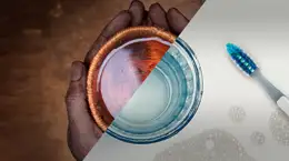 Water's significance demonstrated by half image of a glass of water with a toothbrush on a sink while the other half with  glass of water in a hand for AXA CSR