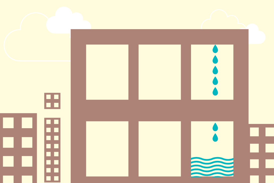 Water damage risk graphic with water drops dripping in blue against a yellow background