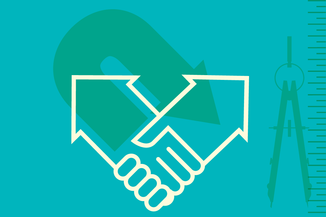 Handshake using arrows on a blue background of compass, scale and arrow