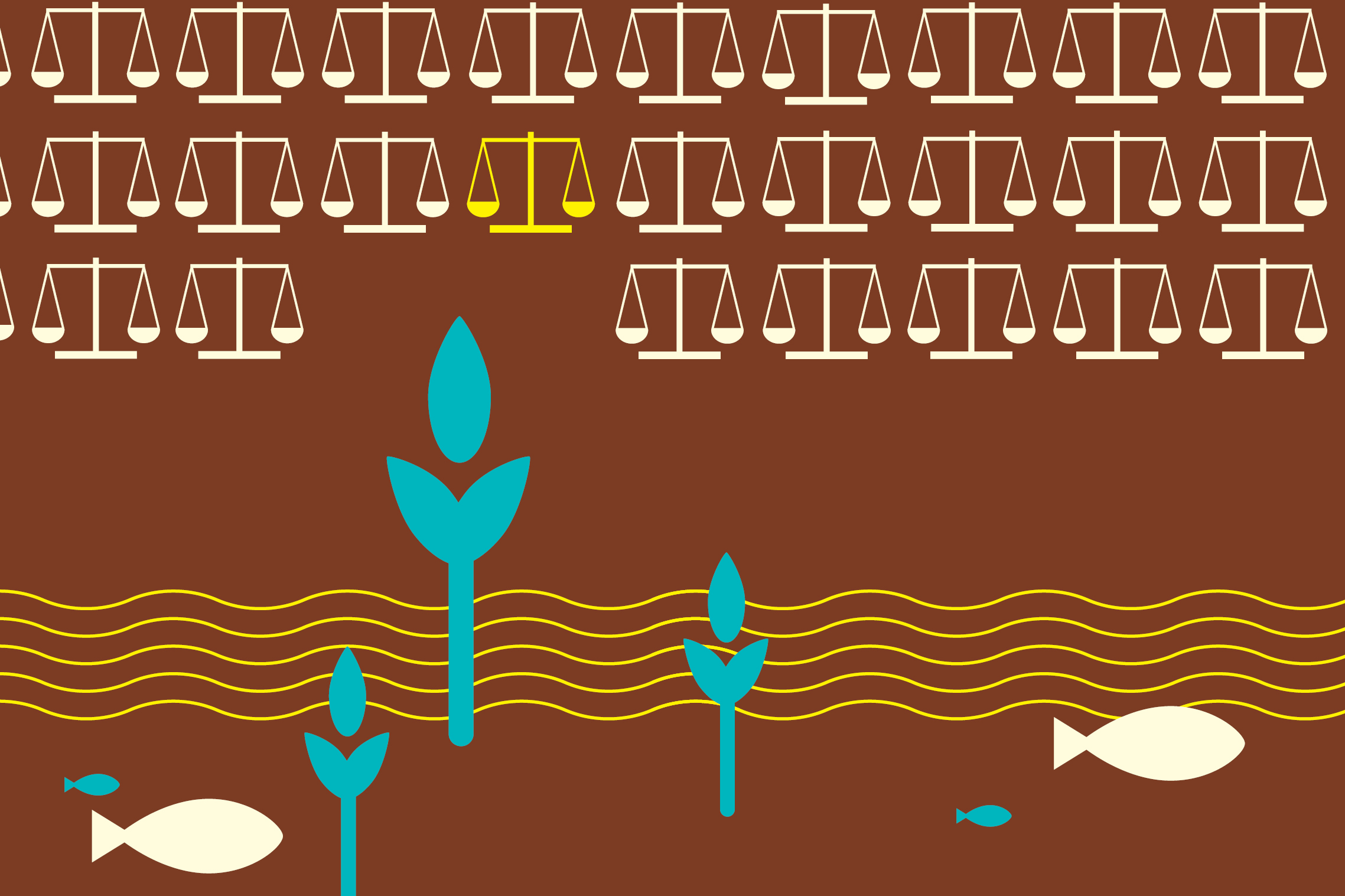 Plants growing in water with fishes swimming and weighing balances on the top of the graphic