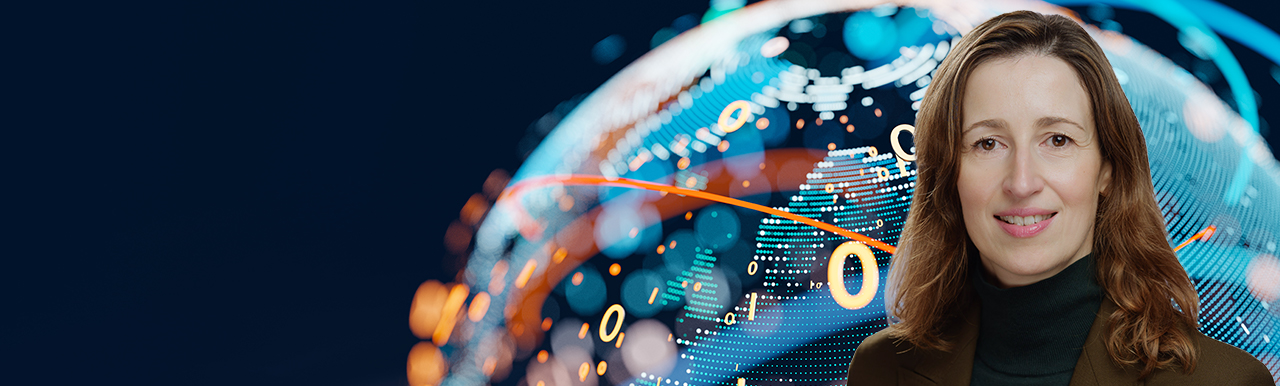 A headshot of Vanessa Leemans in front of a globe
